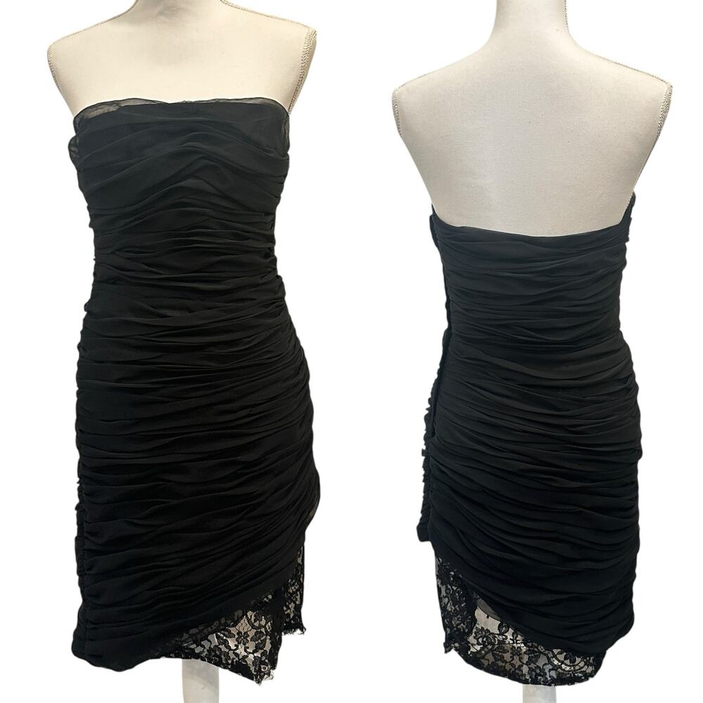 Victor Costa Vintage 1980s Black Ruched Strapless Lace Hem Gothic‎ Cocktail Sz 6